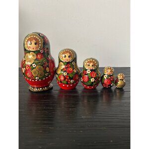 VTG Hand-Painted Russian Matryoshka Stacking Nesting Dolls Set-of-5 Folk Art